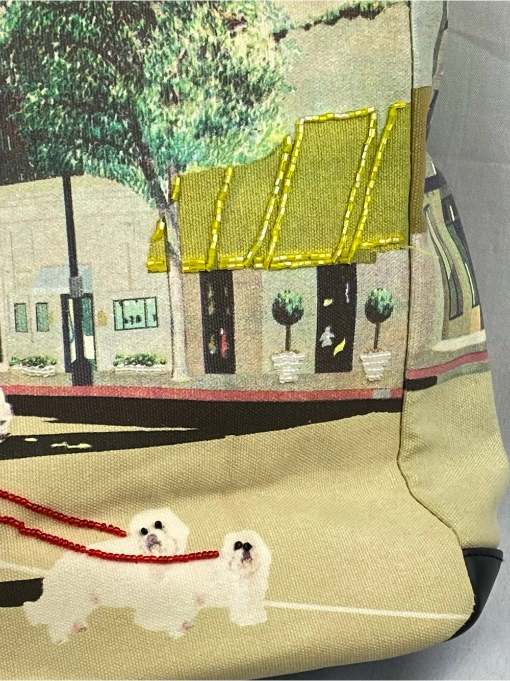 Women's Bueno Large Satchel Luxury Downtown Beaded Dog Walking Scene Size NWOT